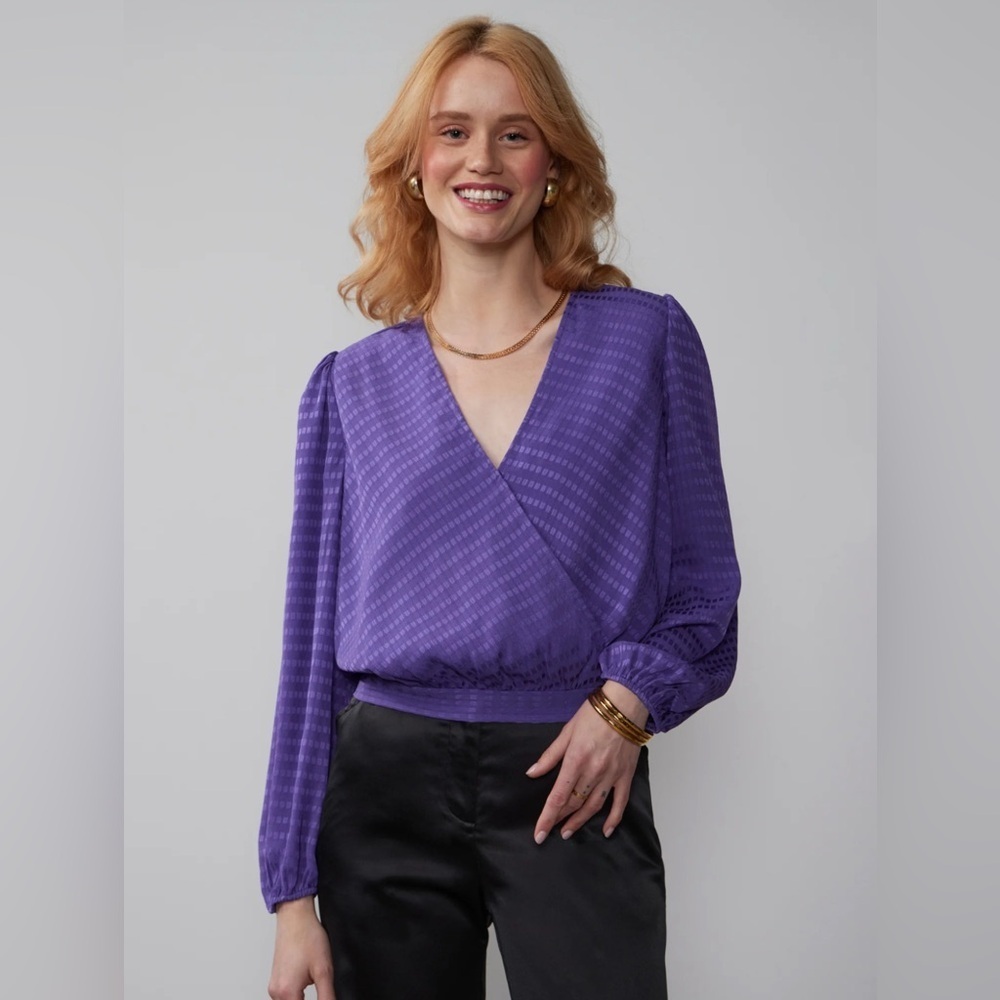 New York and Company Purple Blouse. Elastic Waist Faux Wrap Medium
